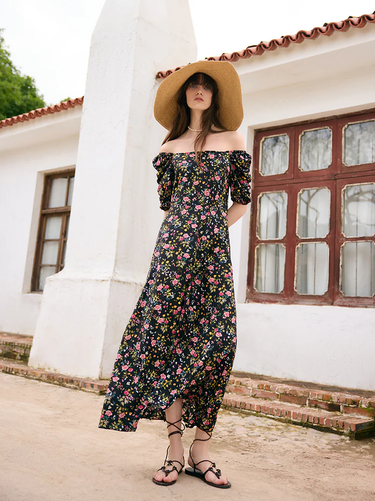 Mulberry Silk Rose Print Women Maxi Dress - Image 2