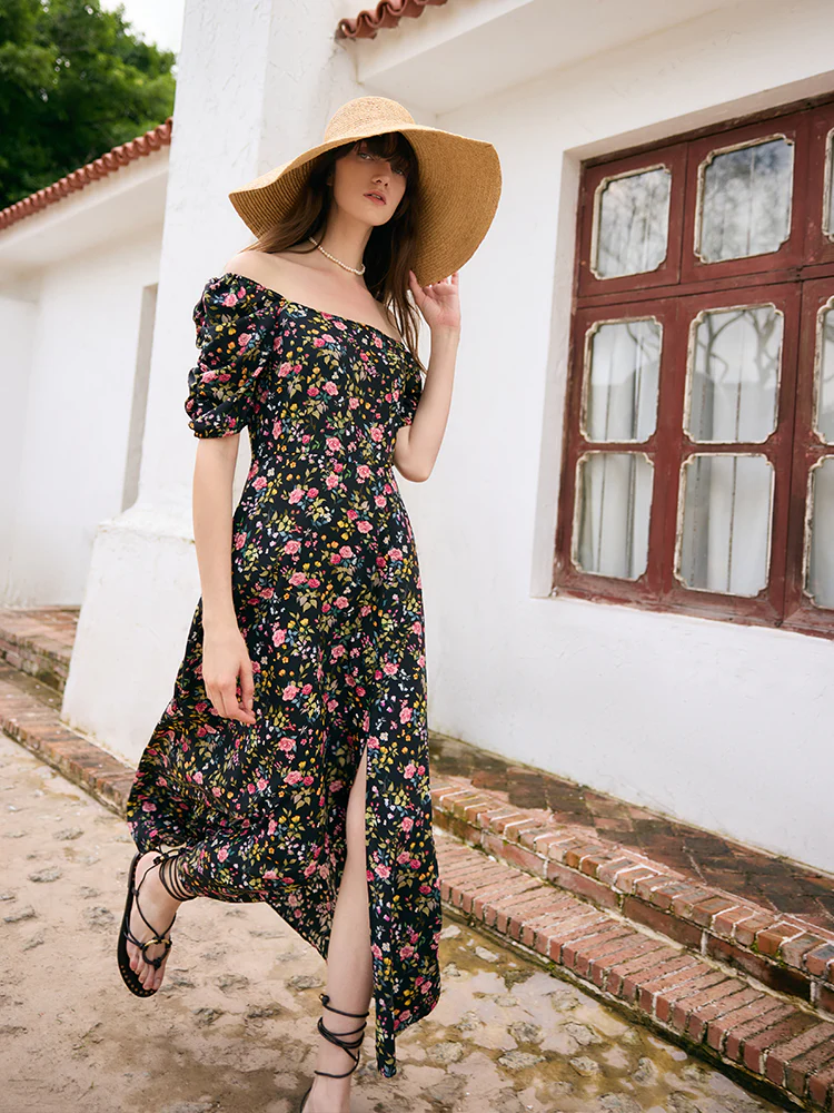 Mulberry Silk Rose Print Women Maxi Dress - Image 3