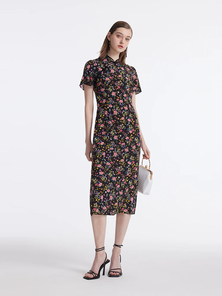 Mulberry Silk Slit Rose Print Women Qipao Midi Dress - Image 2