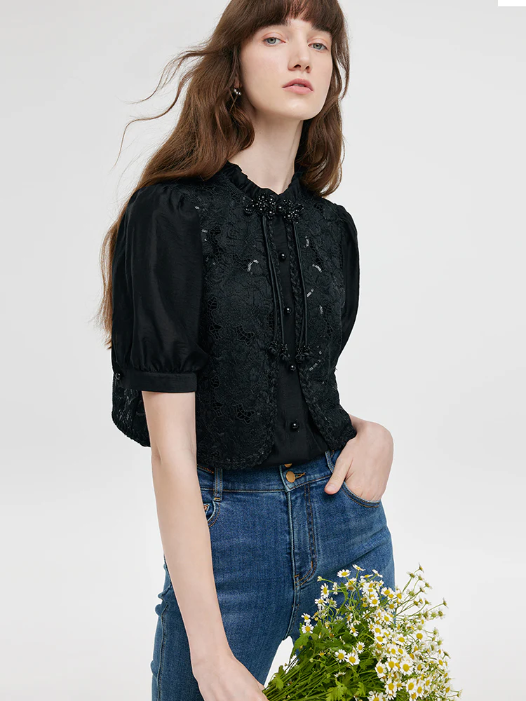 New Chinese-Style Lace Sequins Patchwork Women Blouse - Image 4