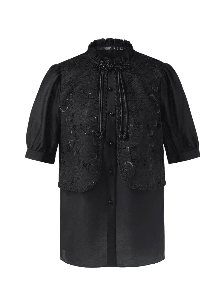 New Chinese-Style Lace Sequins Patchwork Women Blouse - Image 6