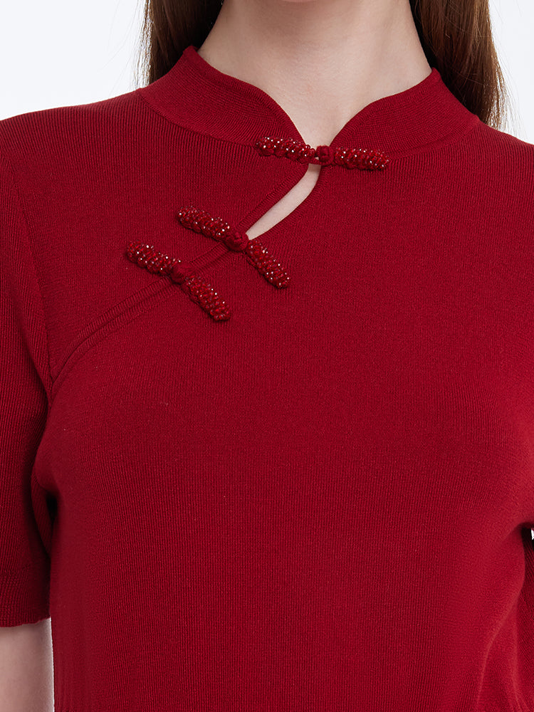 New Chinese-Style Mandarin Collar Knitted Women Midi Qipao Dress - Image 7