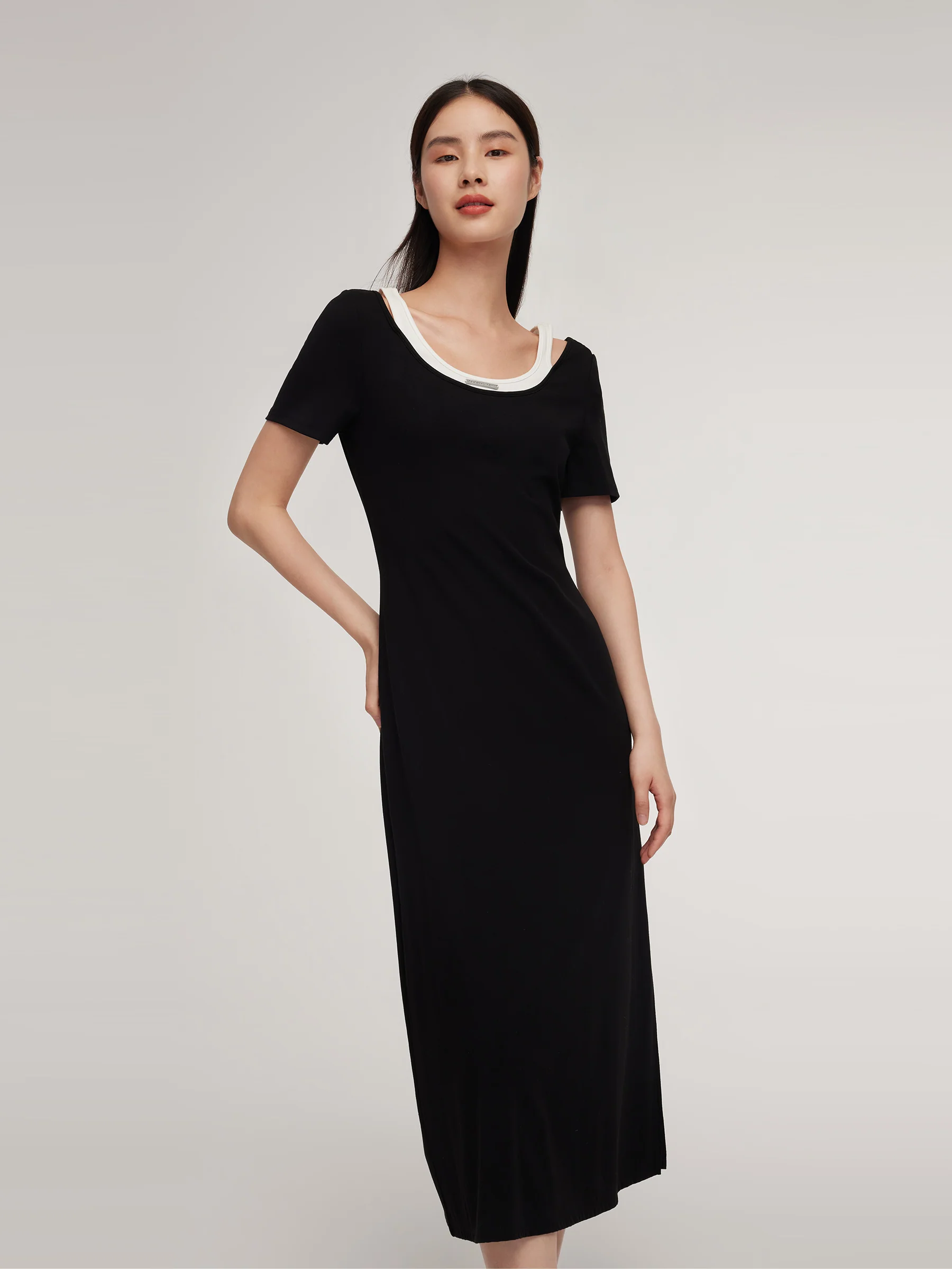 Faux Two-Piece Patchwork Slim Fit Women T-Shirt Maxi Dress - Image 5