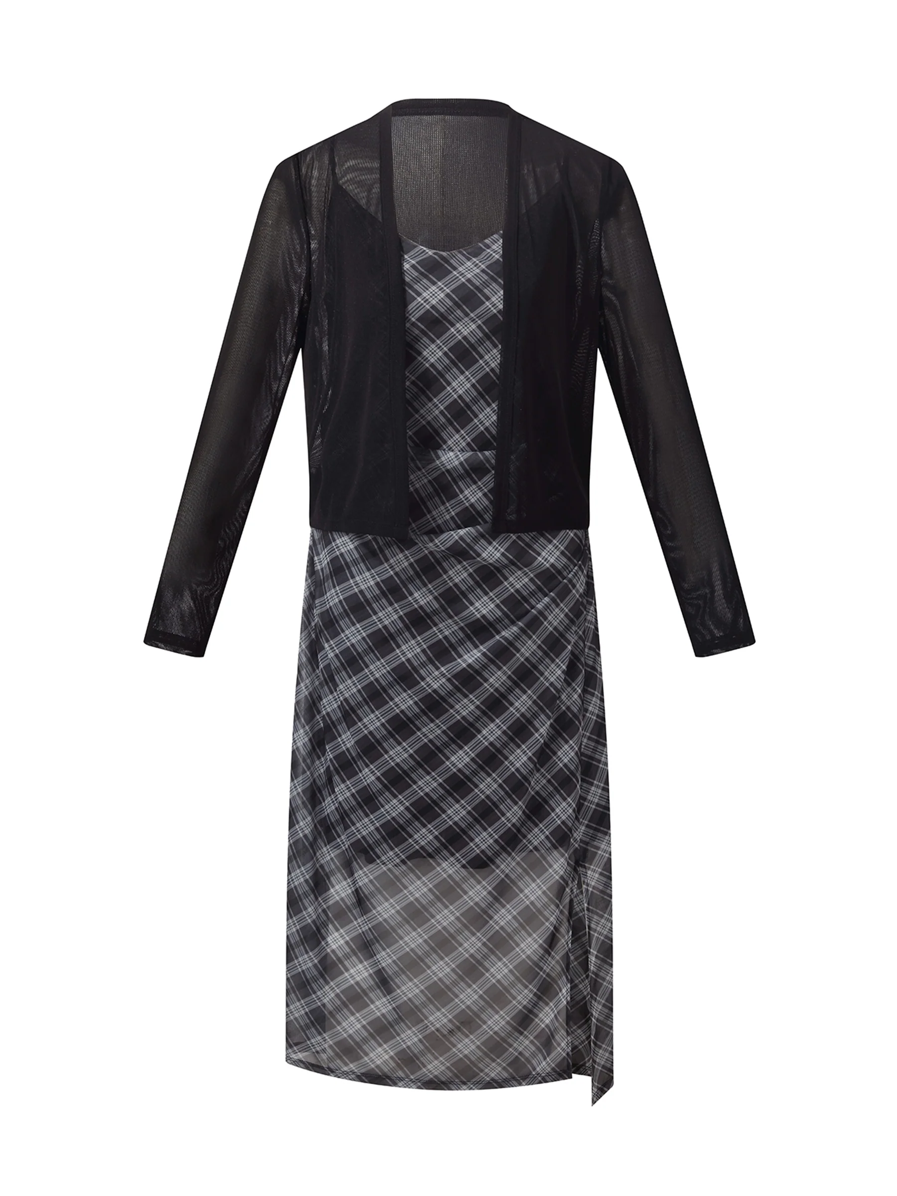 Plaid Adjustable Straps Slip Midi Dress And Cardigan Two-Piece Set - Image 7