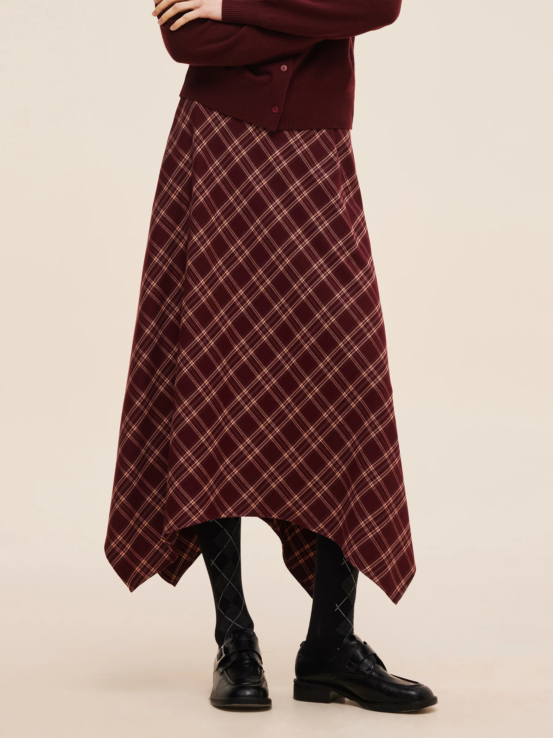Plaid Asymmetrical Hem Women Skirt With Triangle Scarf