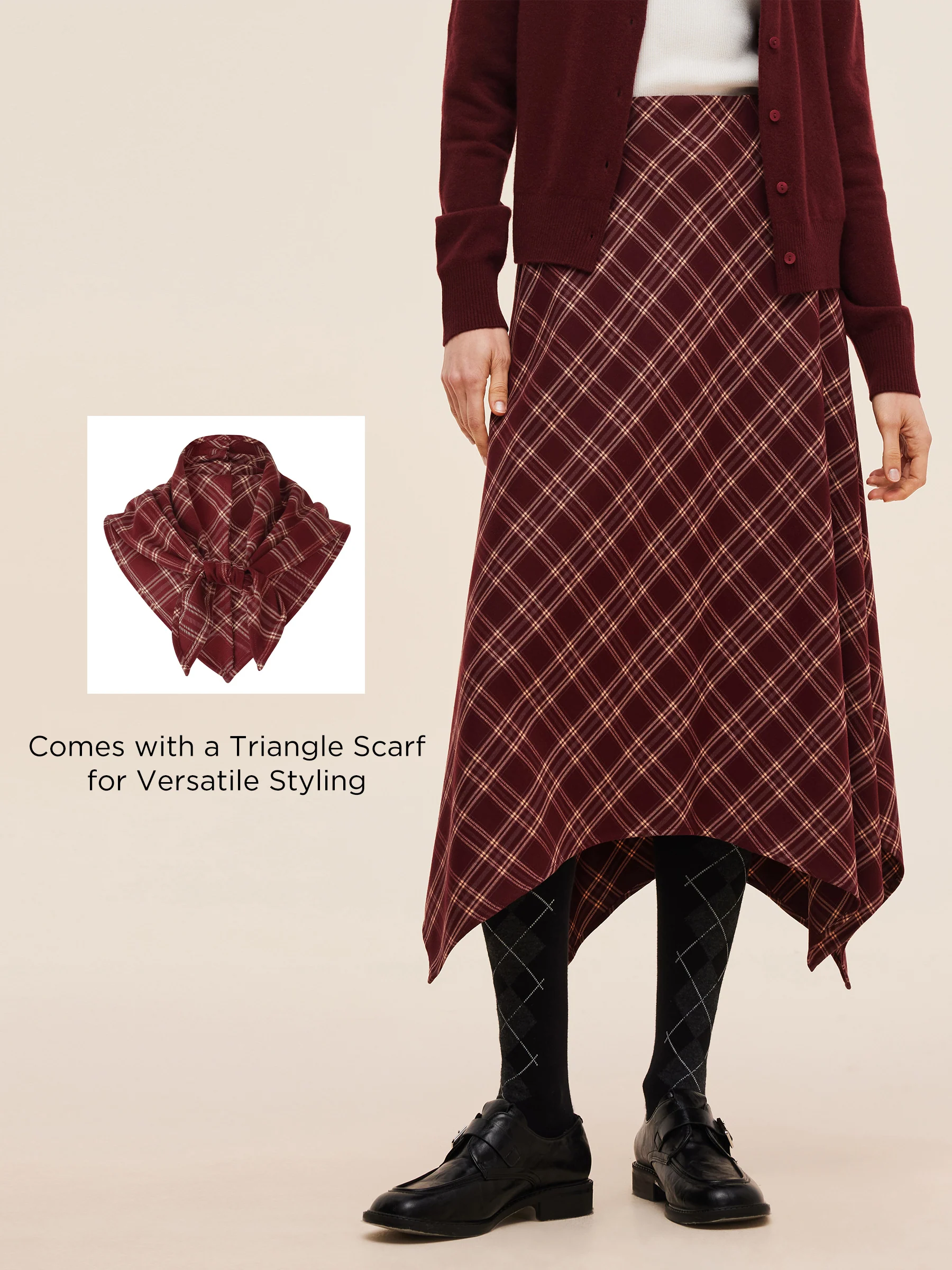 Plaid Asymmetrical Hem Women Skirt With Triangle Scarf - Image 3