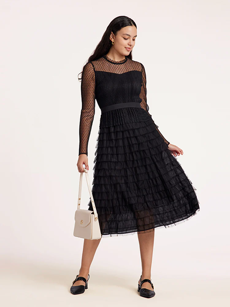 Pleated Tiered Sheer Sleeve Cake Midi Dress - Image 10