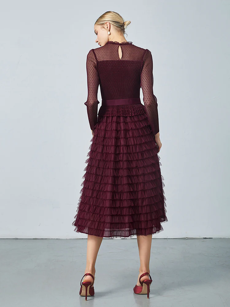 Pleated Tiered Sheer Sleeve Cake Midi Dress - Image 5