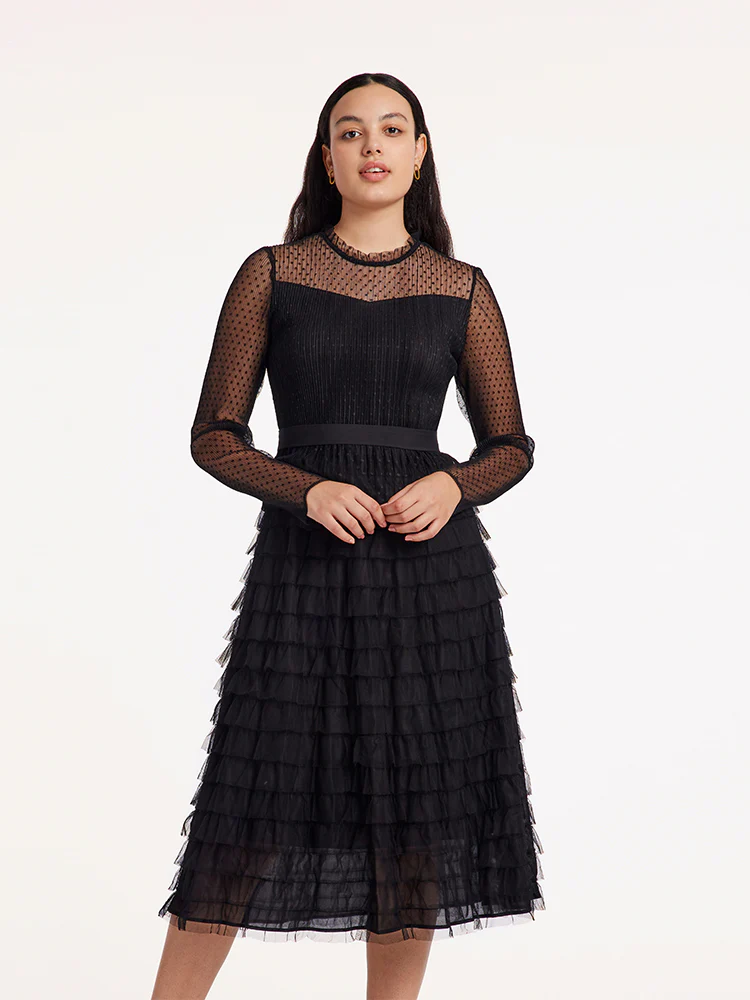 Pleated Tiered Sheer Sleeve Cake Midi Dress - Image 9