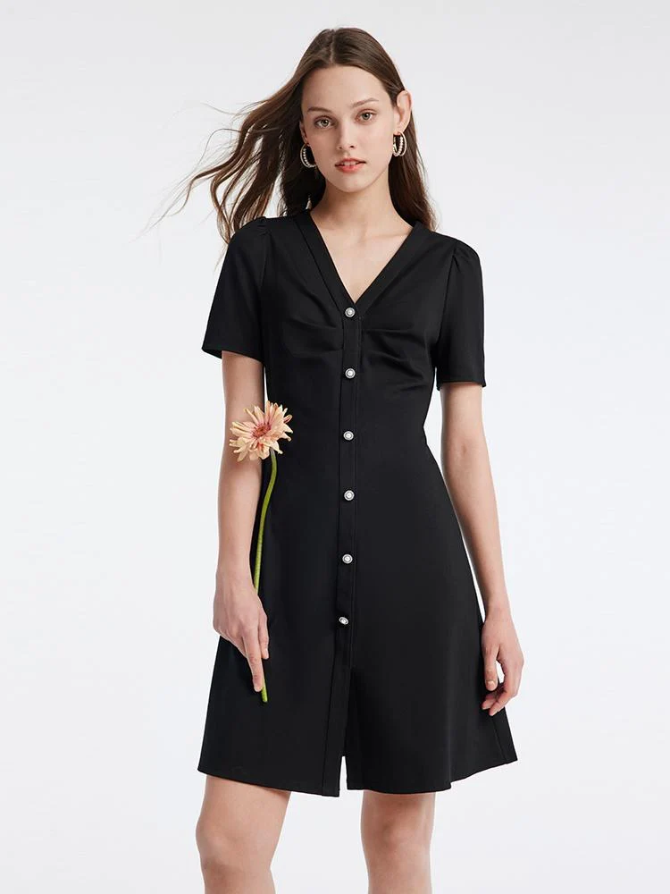 Pleated V-neck Gathered Waist Mini Dress - Image 3