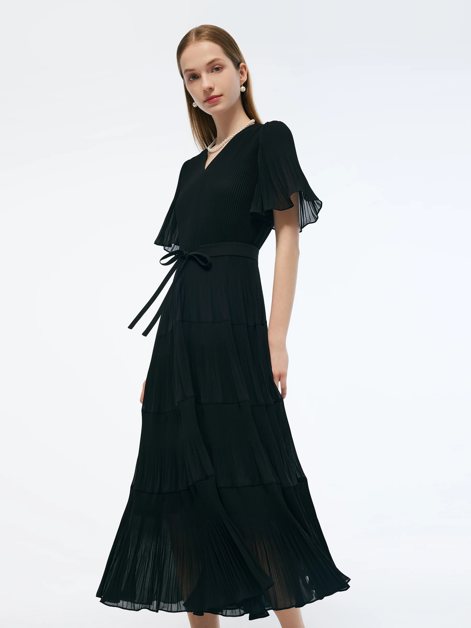 Pleated V-Neck Women A-Line Tie Belt Maxi Dress - Image 6