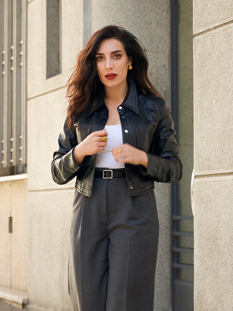 PU Leather Lapel Double-Breasted Women Jacket - Image 4