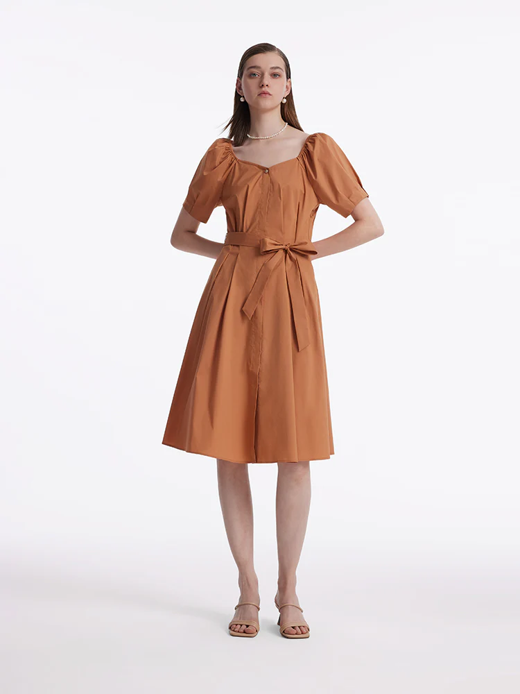 Puff Sleeves Square Neck Women Midi Dress With Belt - Image 2