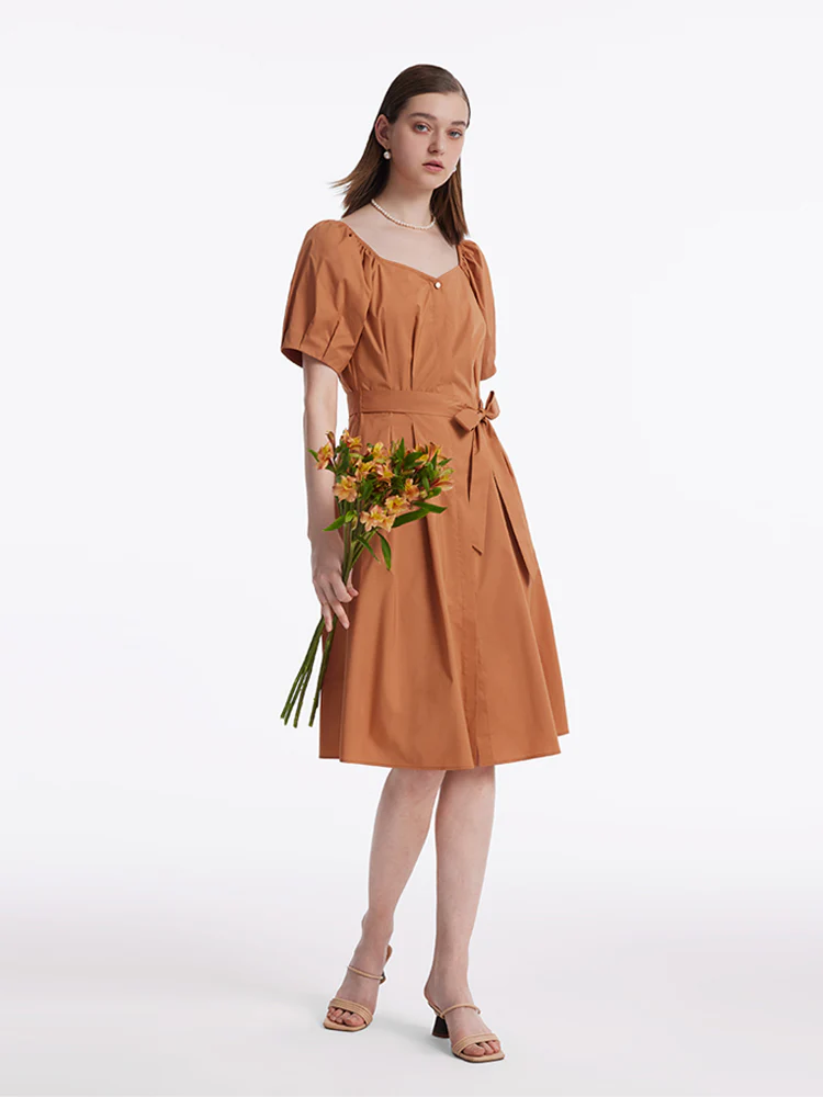 Puff Sleeves Square Neck Women Midi Dress With Belt - Image 4