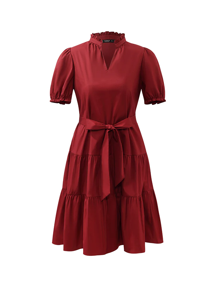 Puff Sleeves Tiered Women Mini Dress With Belt - Image 6