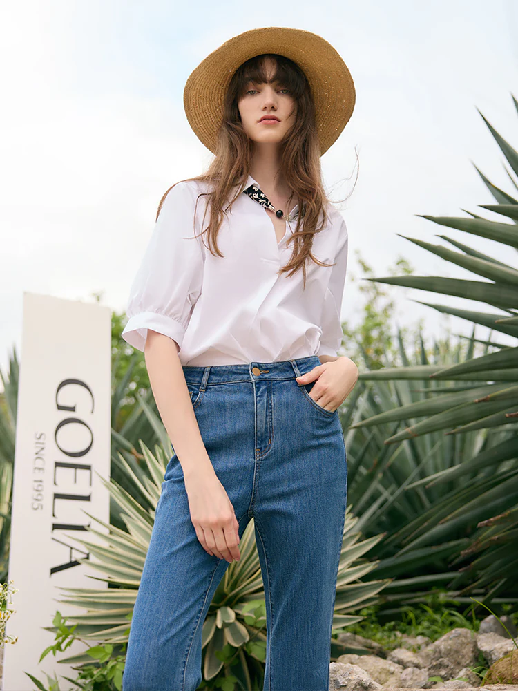 Puff Sleeves V-Neck Women Shirt With Silk Scarf - Image 5
