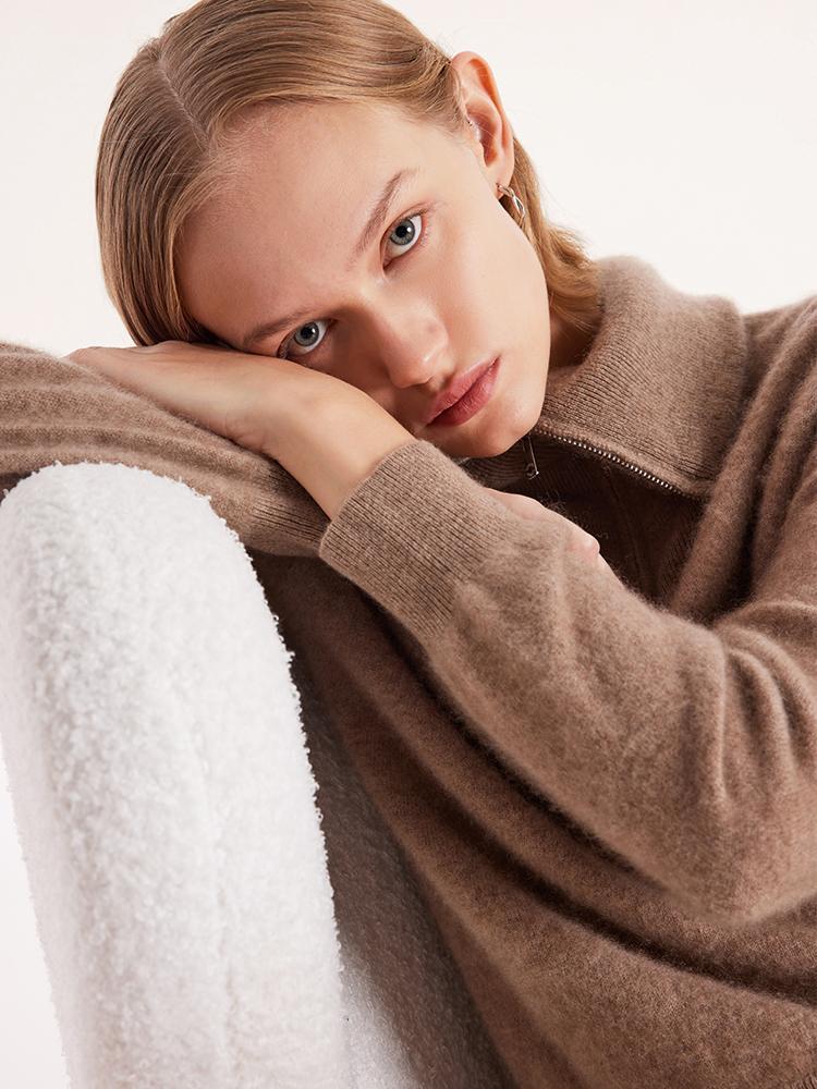 Pure Cashmere Zippered Lapel Women Sweater - Image 8