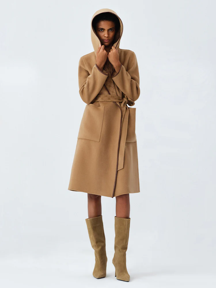 Pure Wool Reversible Hooded Print Women Coat - Image 2