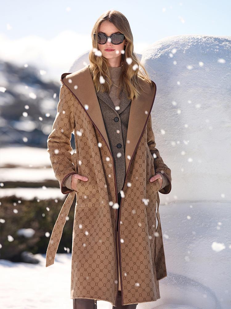 Pure Wool Reversible Hooded Print Women Coat - Image 5