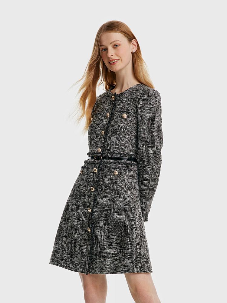 Round Neck Tweed Dress With Belt - Image 6