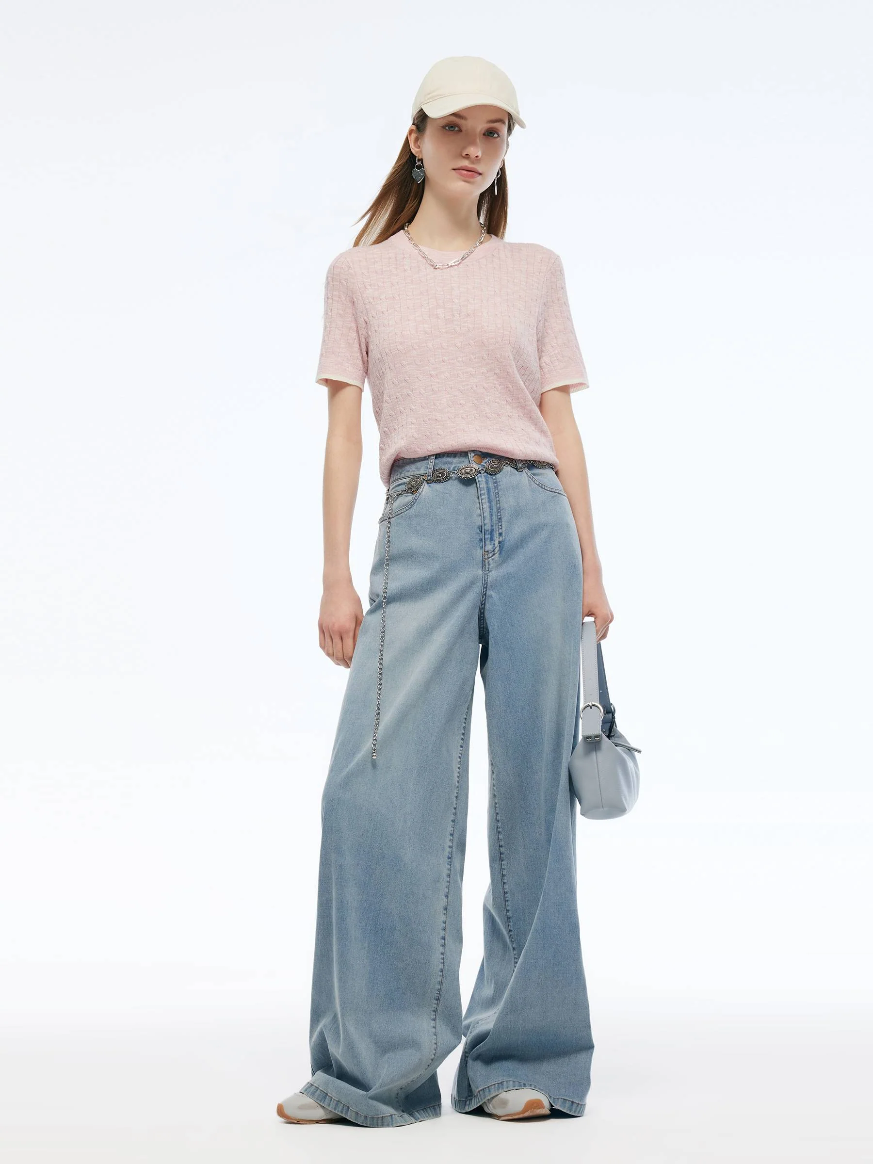 Round Neck Women Cable Knit T-Shirt - Image 2