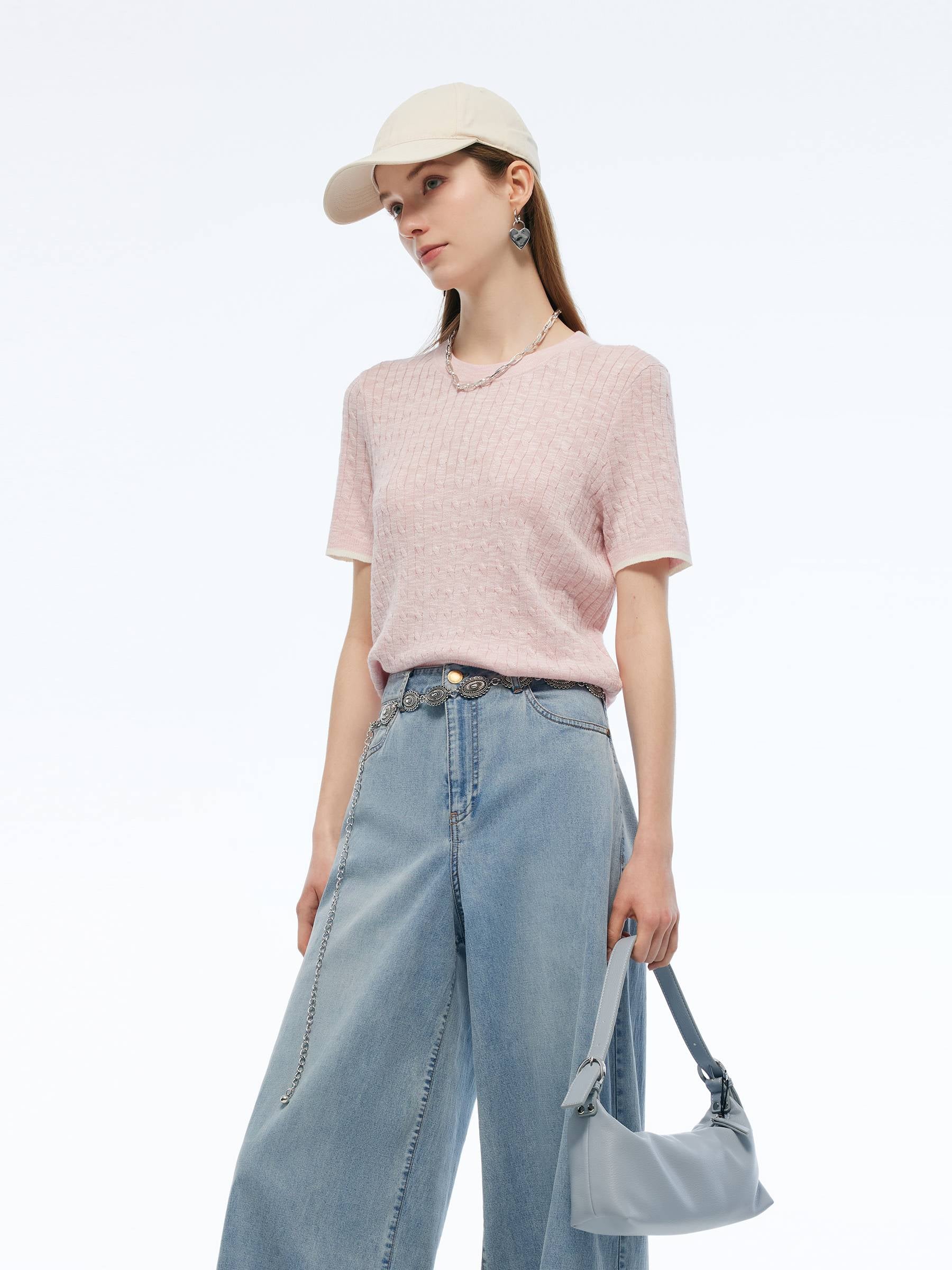 Round Neck Women Cable Knit T-Shirt - Image 5