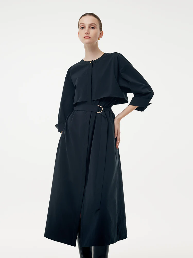 Round Neck Women Trench Maxi Dress With Belt