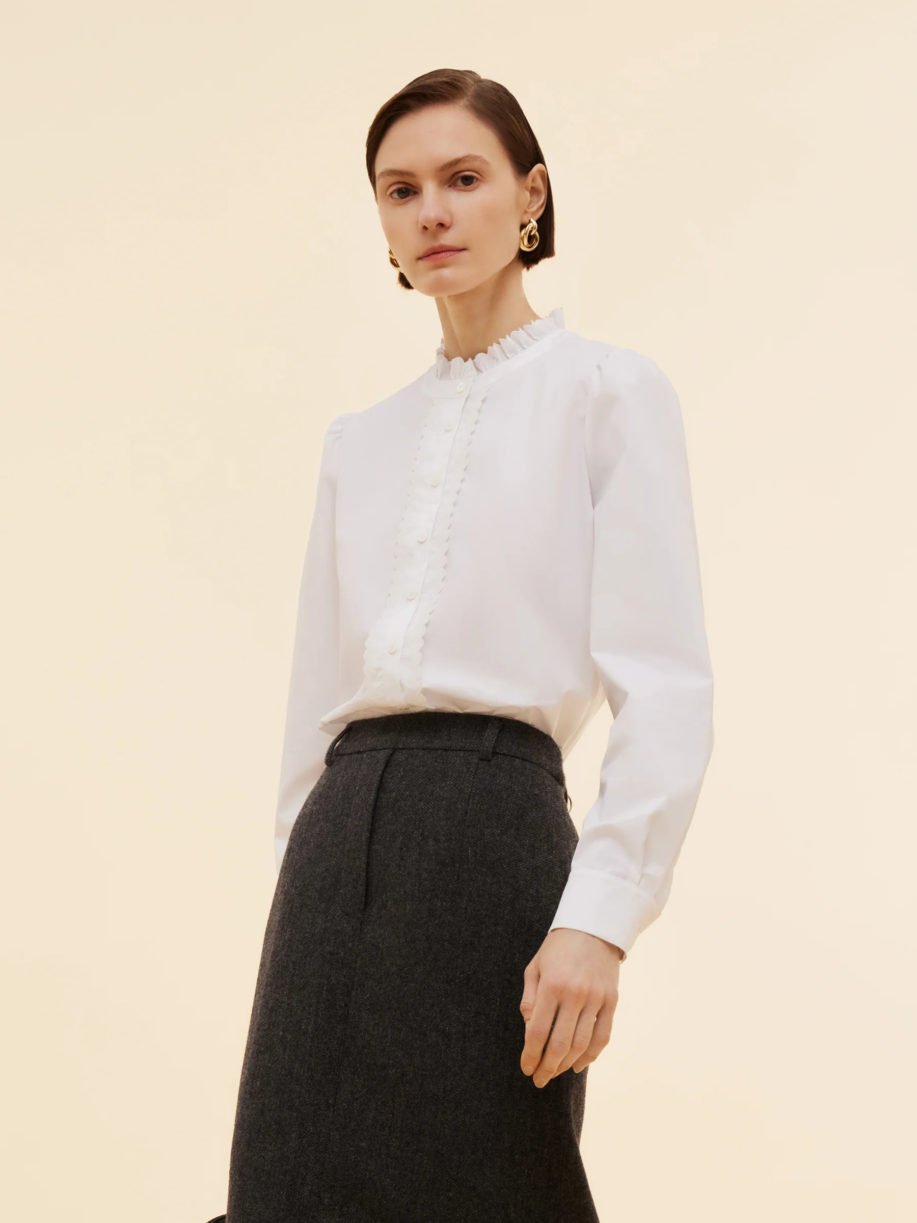 Ruffle Collar Embroidered Placket Women Shirt - Image 5