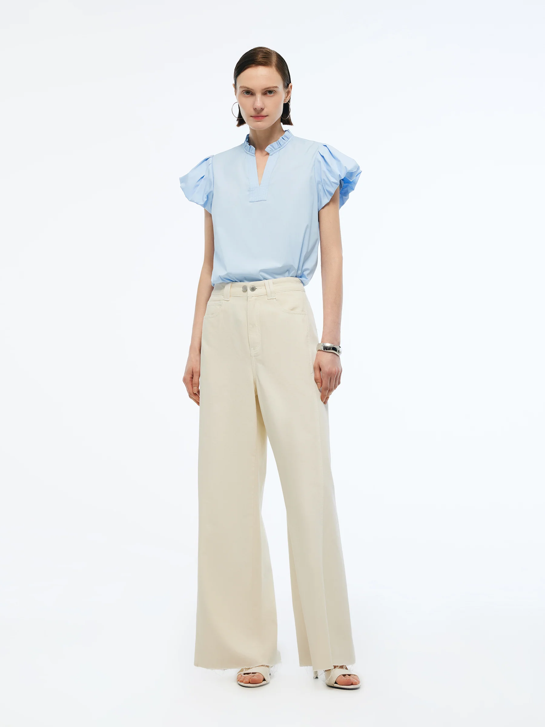 Ruffle Collar V-Neck Women Puff Sleeve Blouse - Image 2