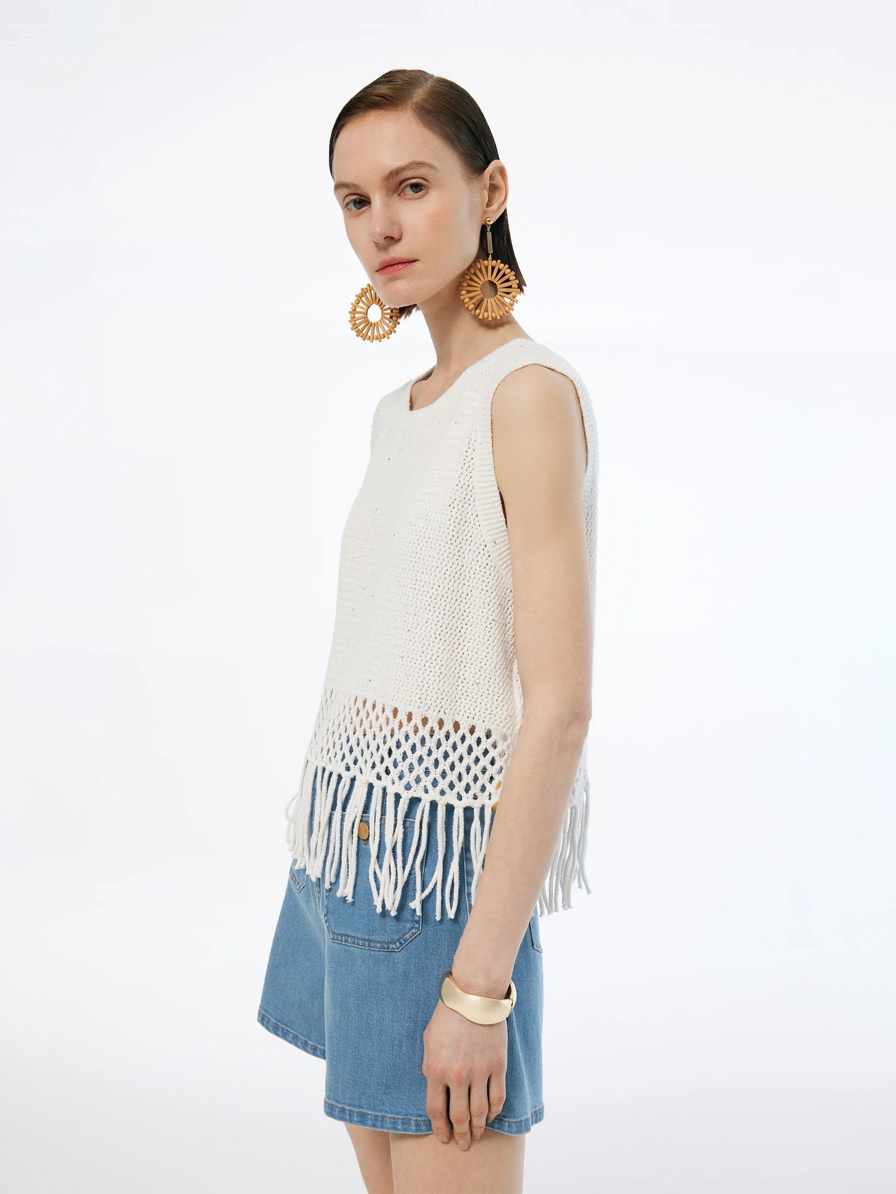 Sequins Tassel Hem Women Openwork Knit Tank Top - Image 7