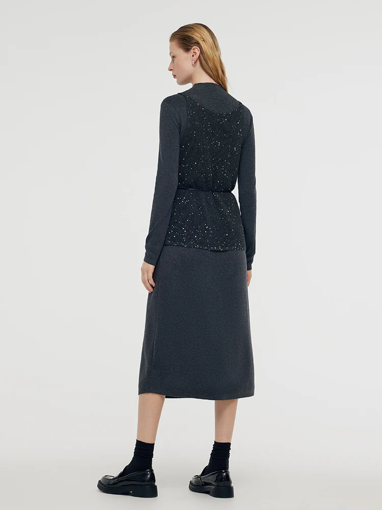 Sequins Vest And Mock Neck Midi Dress Two-Piece Set With Belt - Image 4