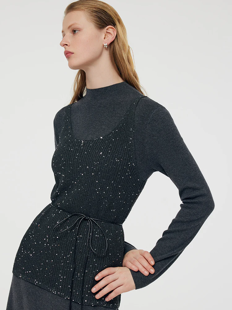 Sequins Vest And Mock Neck Midi Dress Two-Piece Set With Belt - Image 7