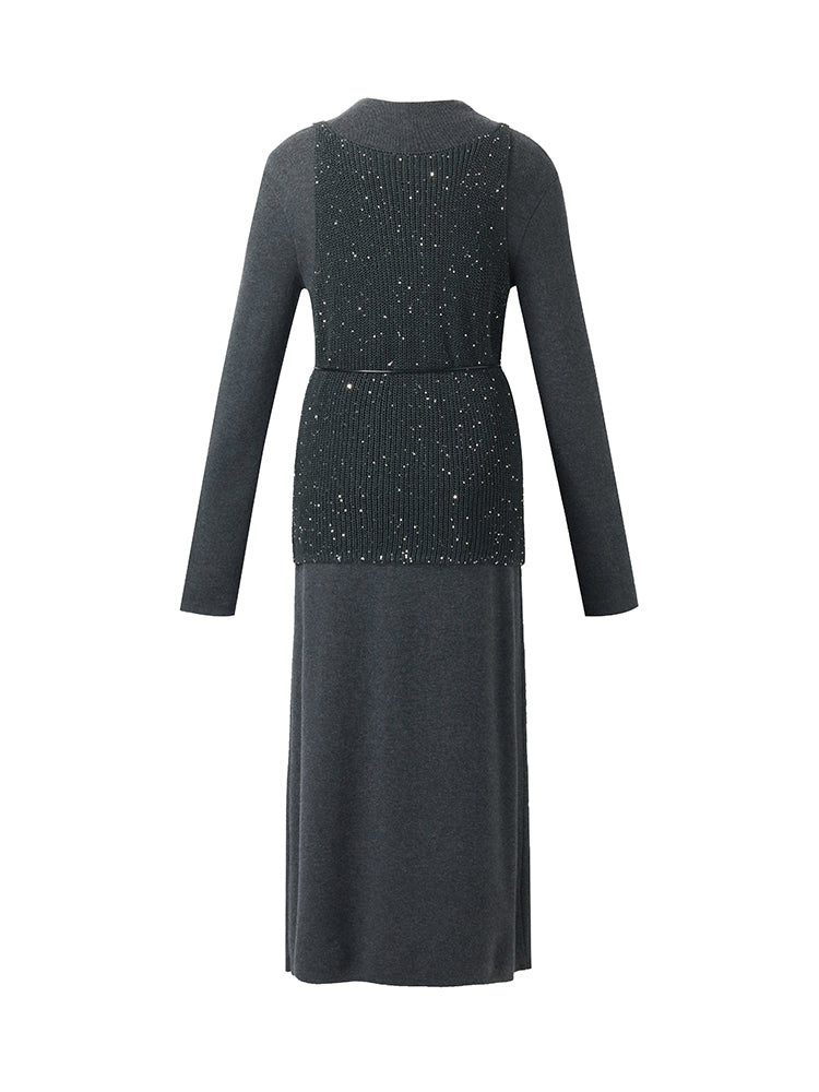 Sequins Vest And Mock Neck Midi Dress Two-Piece Set With Belt - Image 8