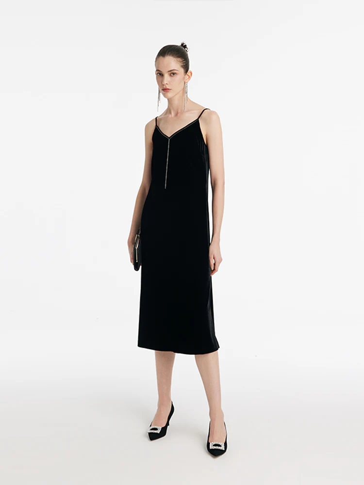 Silk Blend Spaghetti Strap Women Midi Velvet Dress - Image 2