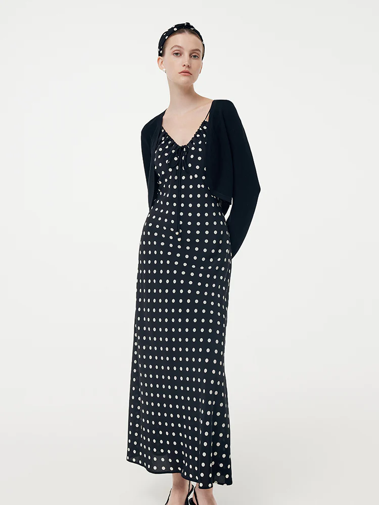 Silk Slip Maxi Dress With Detachable Chest Pads And Tencel Cardigan Two-Piece Set