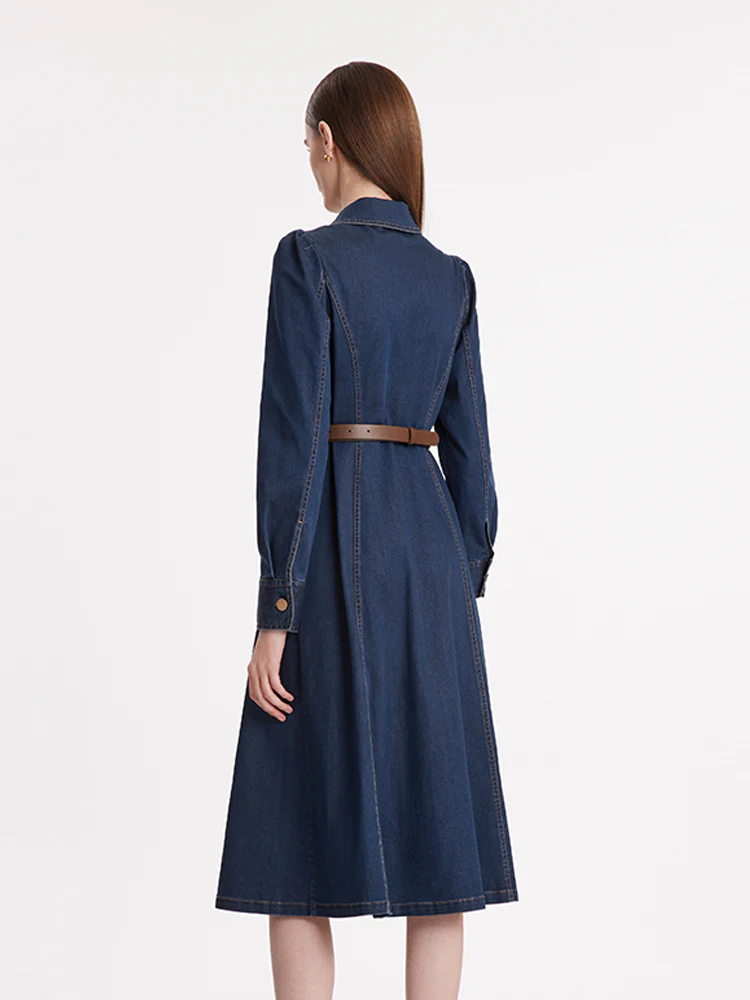 Single-Breasted Lapel Women Midi Denim Dress With Belt - Image 7