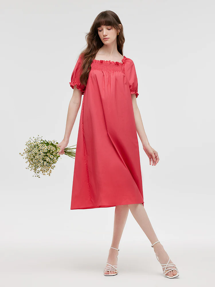 Square Neck Puff Sleeves Women Midi Dress - Image 2