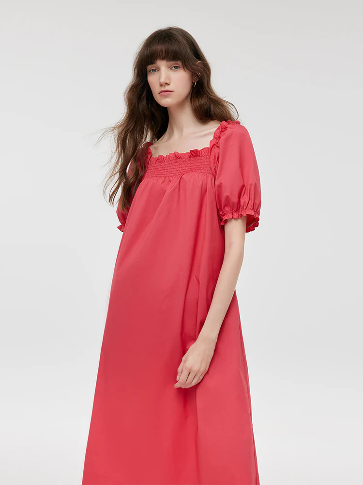 Square Neck Puff Sleeves Women Midi Dress - Image 4