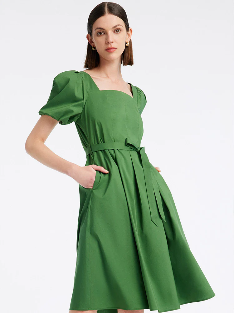 Green Square Neck Puff Sleeve A-Line Mini Dress - Image 3