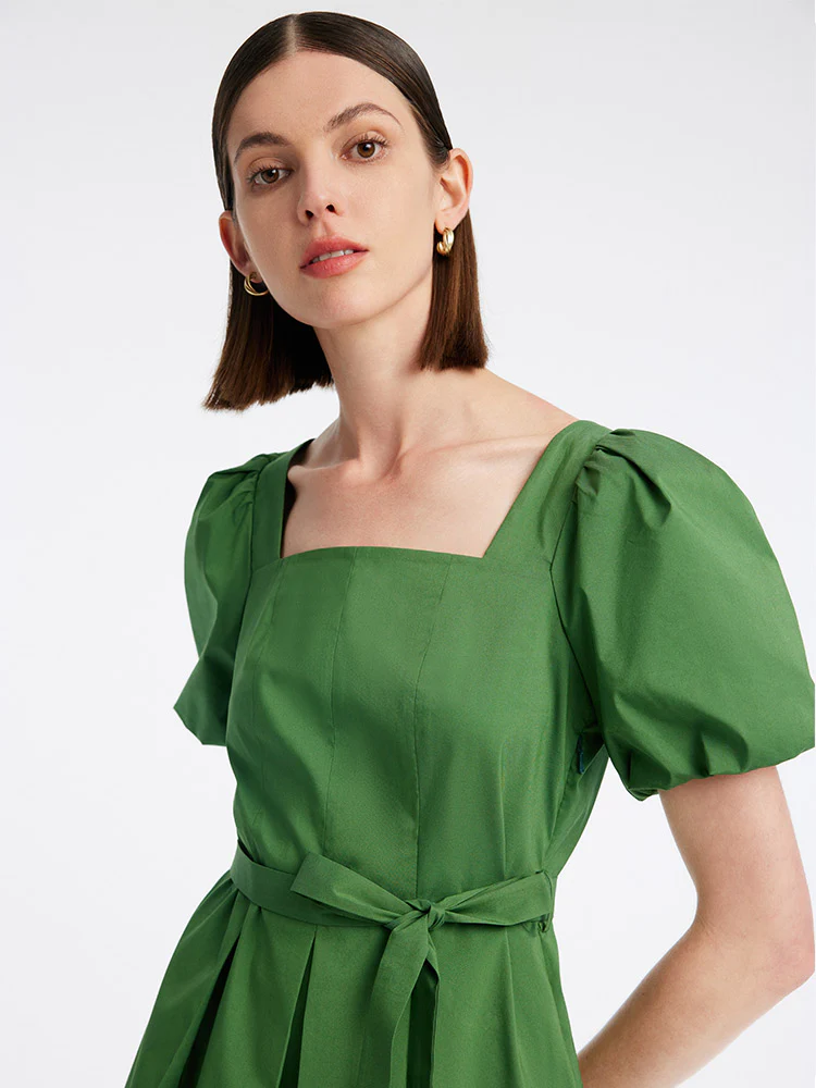 Green Square Neck Puff Sleeve A-Line Mini Dress - Image 6