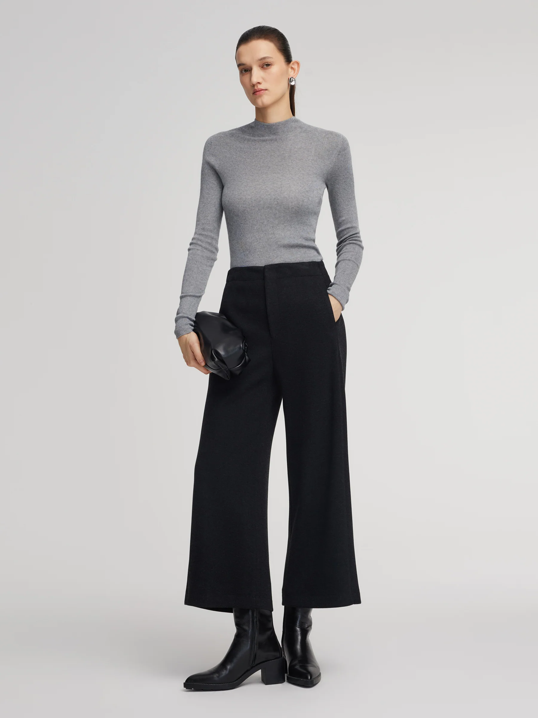 Stretch Adjustable Waist Straight Leg Women Knit Cropped Pants - Image 2