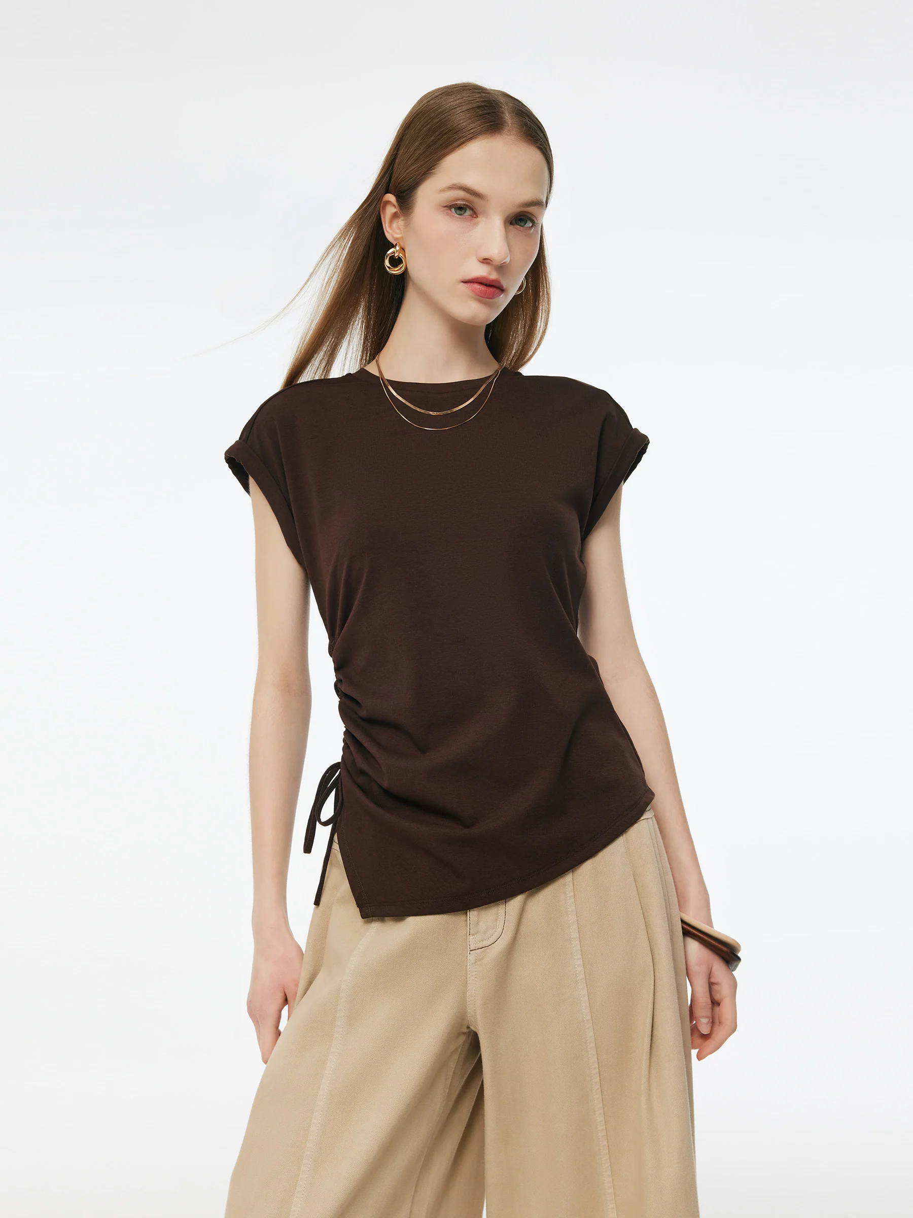 Stretch Asymmetric Hem Women Drawstring Cap Sleeve Knit Top