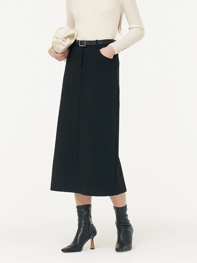 Stretch Women Knit Midi Skirt With Belt - Image 4
