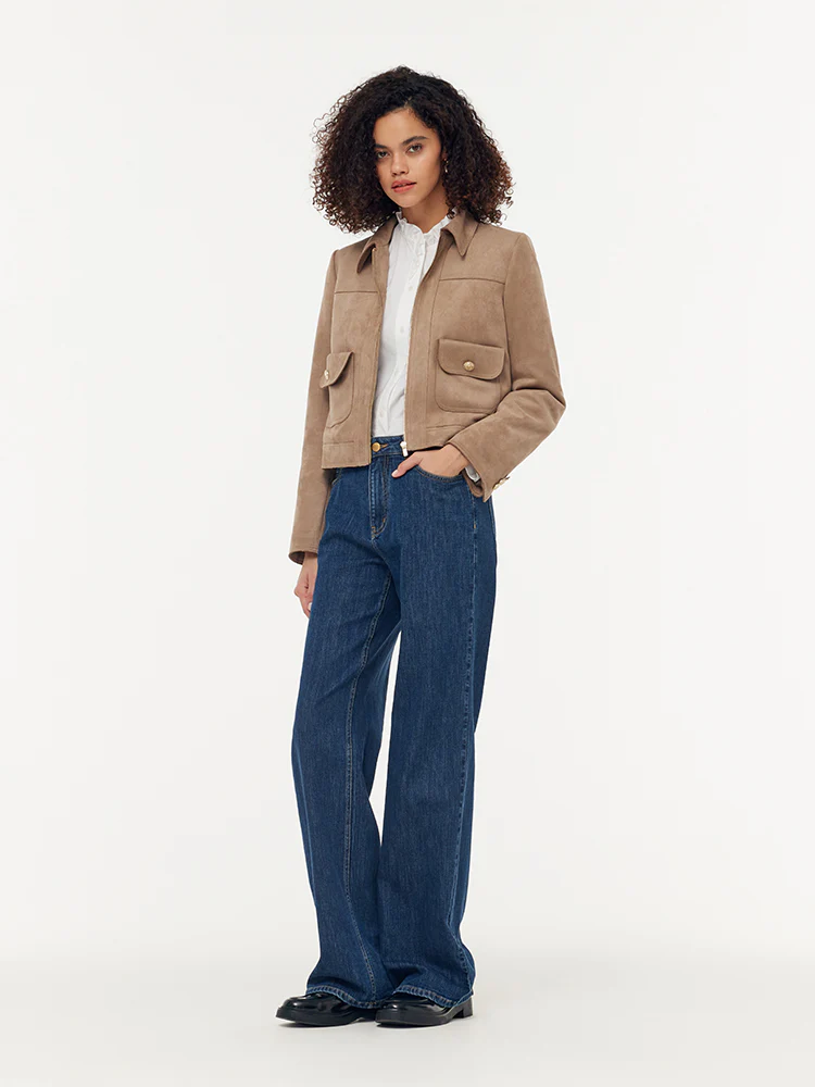 Faux Suede Zip-Up Women Lined Crop Jacket - Image 3