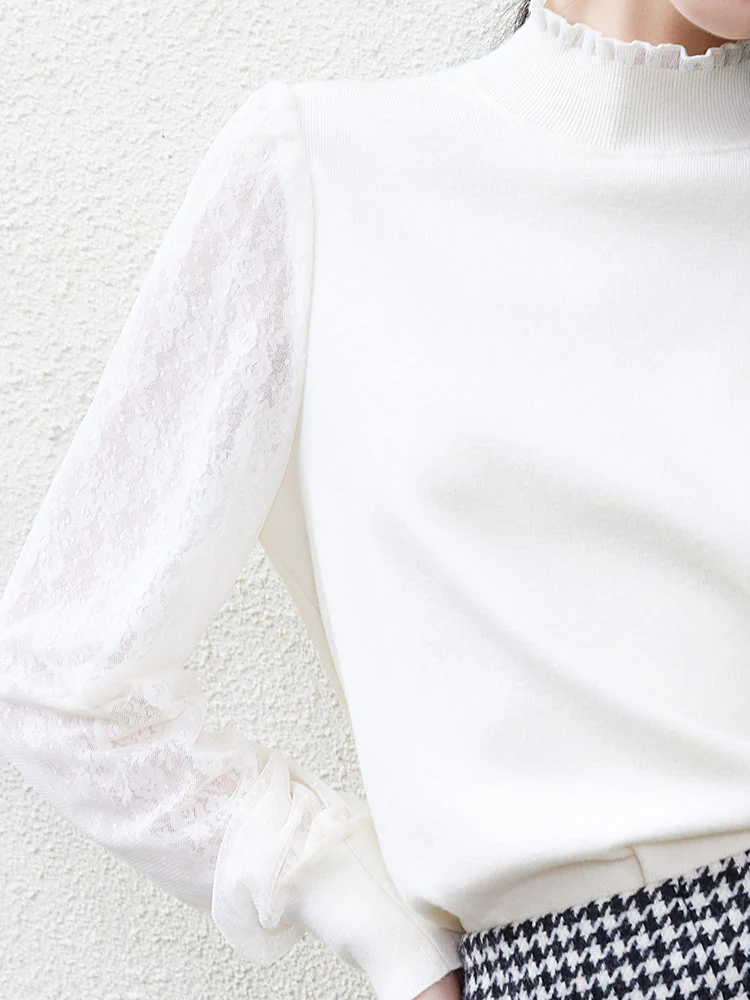 Tencel Patchwork Lantern Sleeve Women Sweater - Image 4