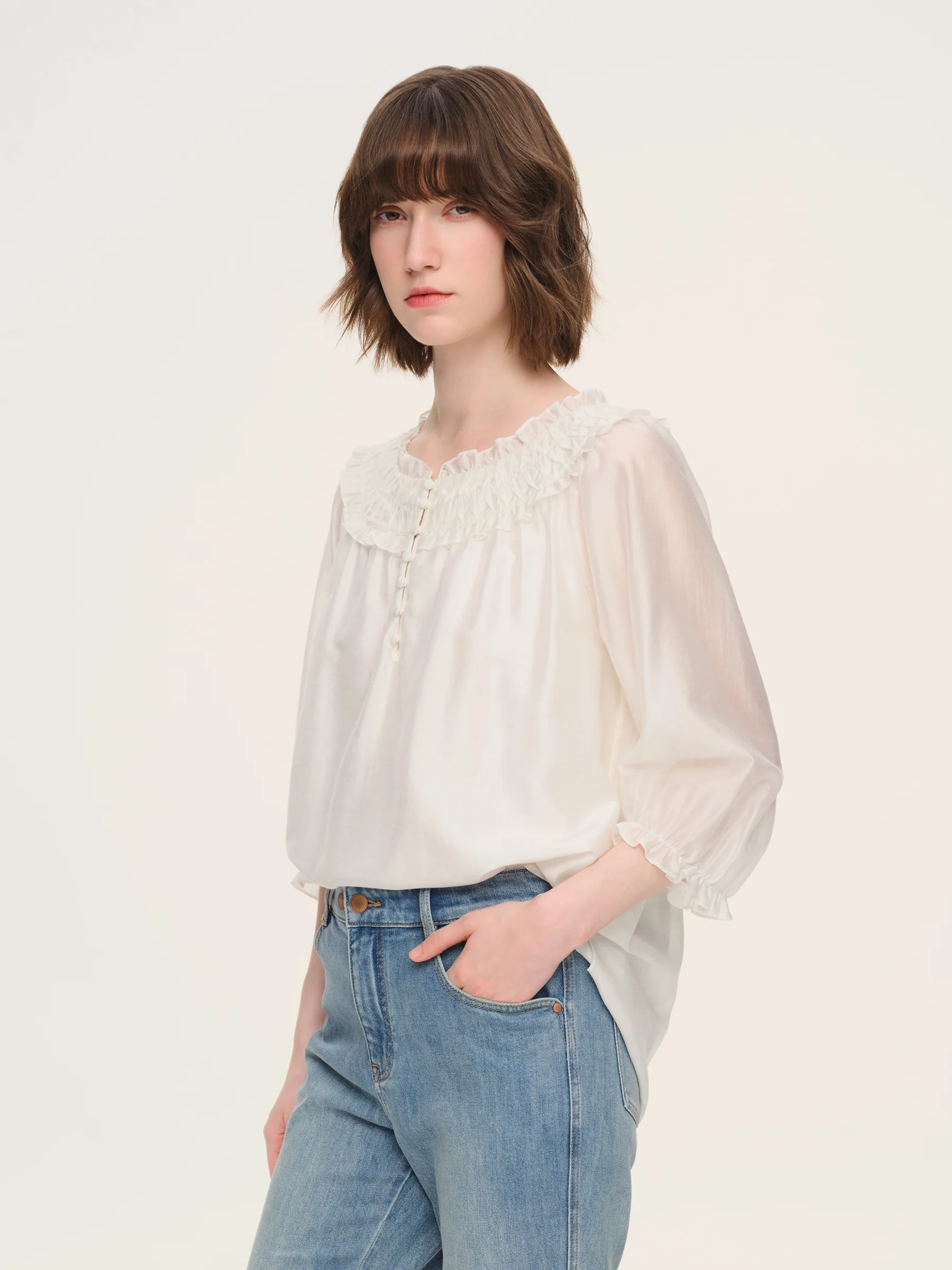 Tencel Blend 3/4 Sleeve Women H-Line Blouse - Image 5
