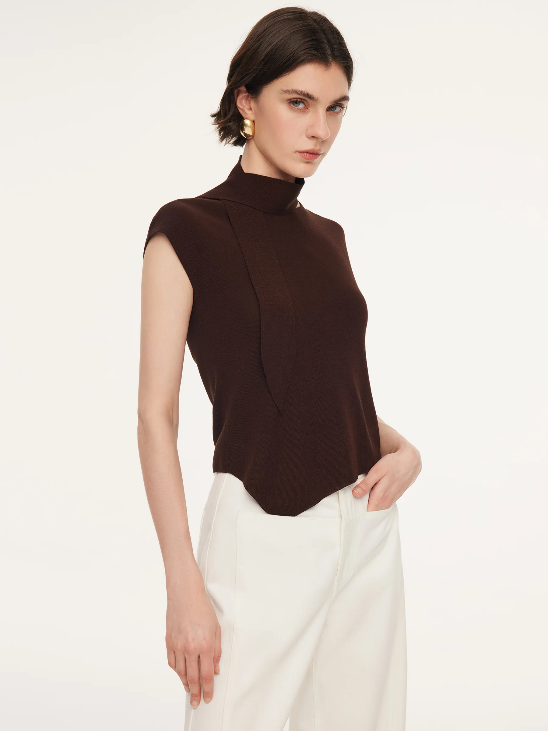 Tencel Blend Asymmetrical Hem Women Knit Top With Ribbon - Image 10