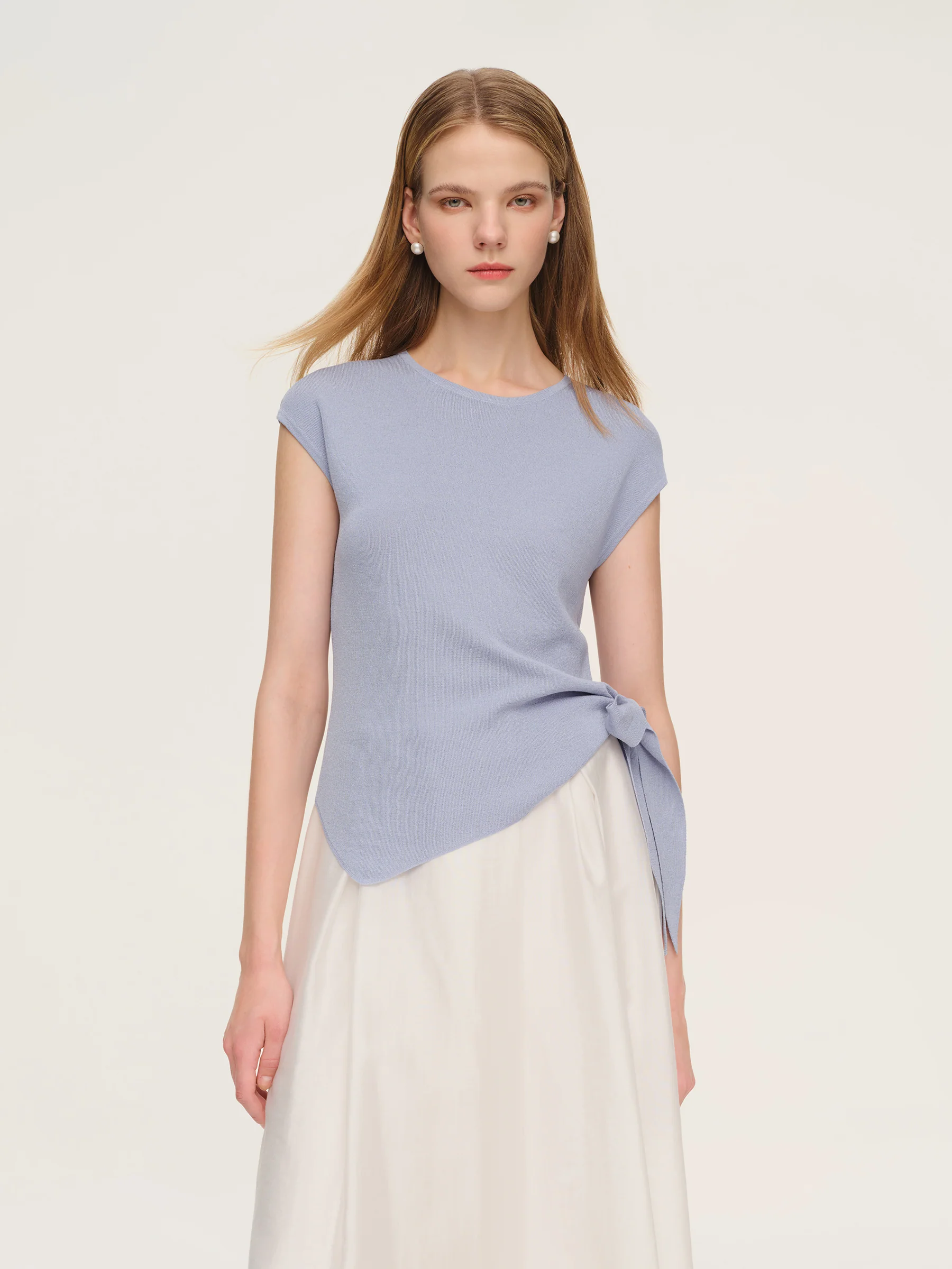 Tencel Blend Asymmetrical Hem Women Knit Top With Ribbon - Image 3