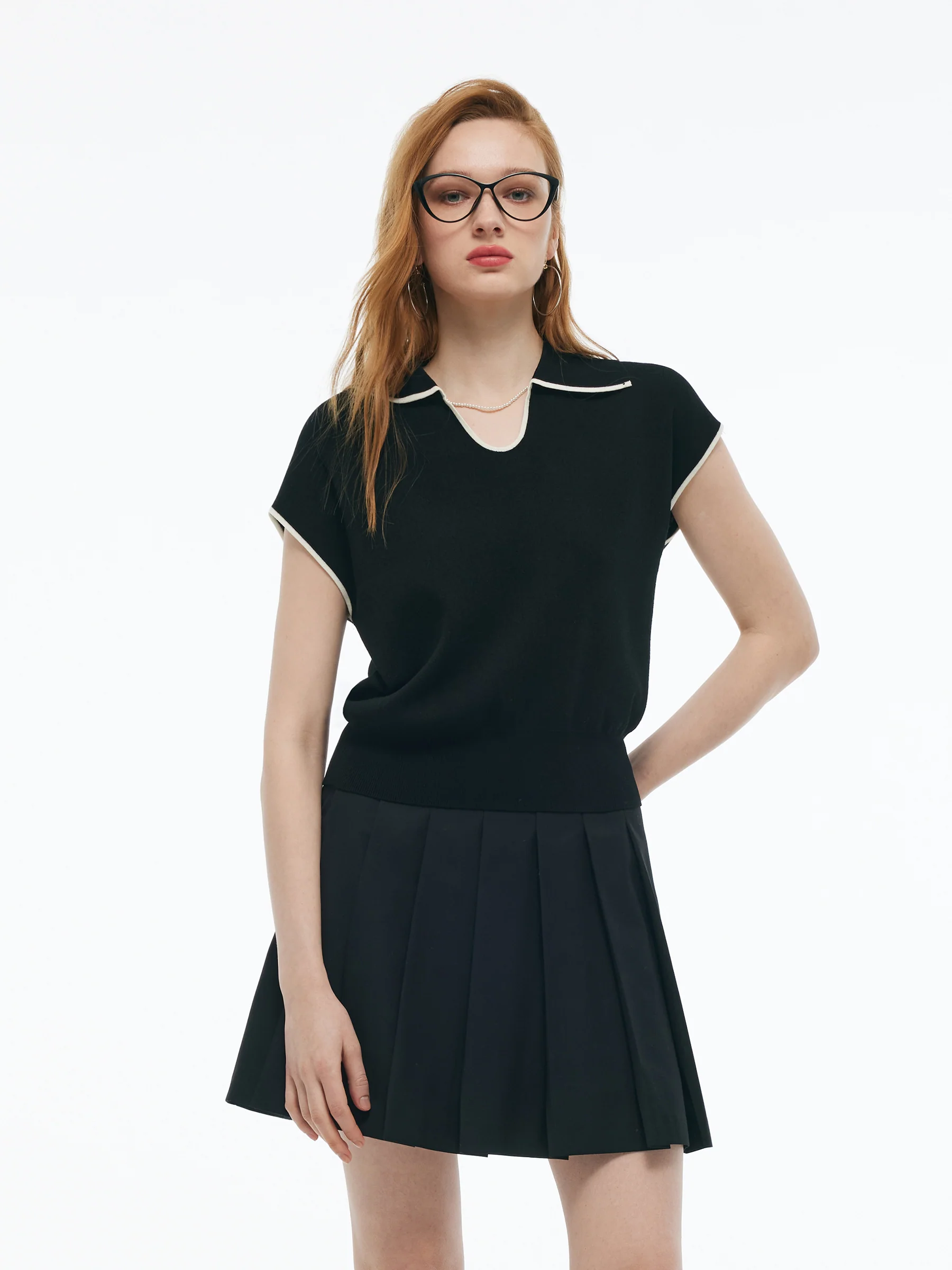 Tencel Blend Contrast Trim Women Knit Top