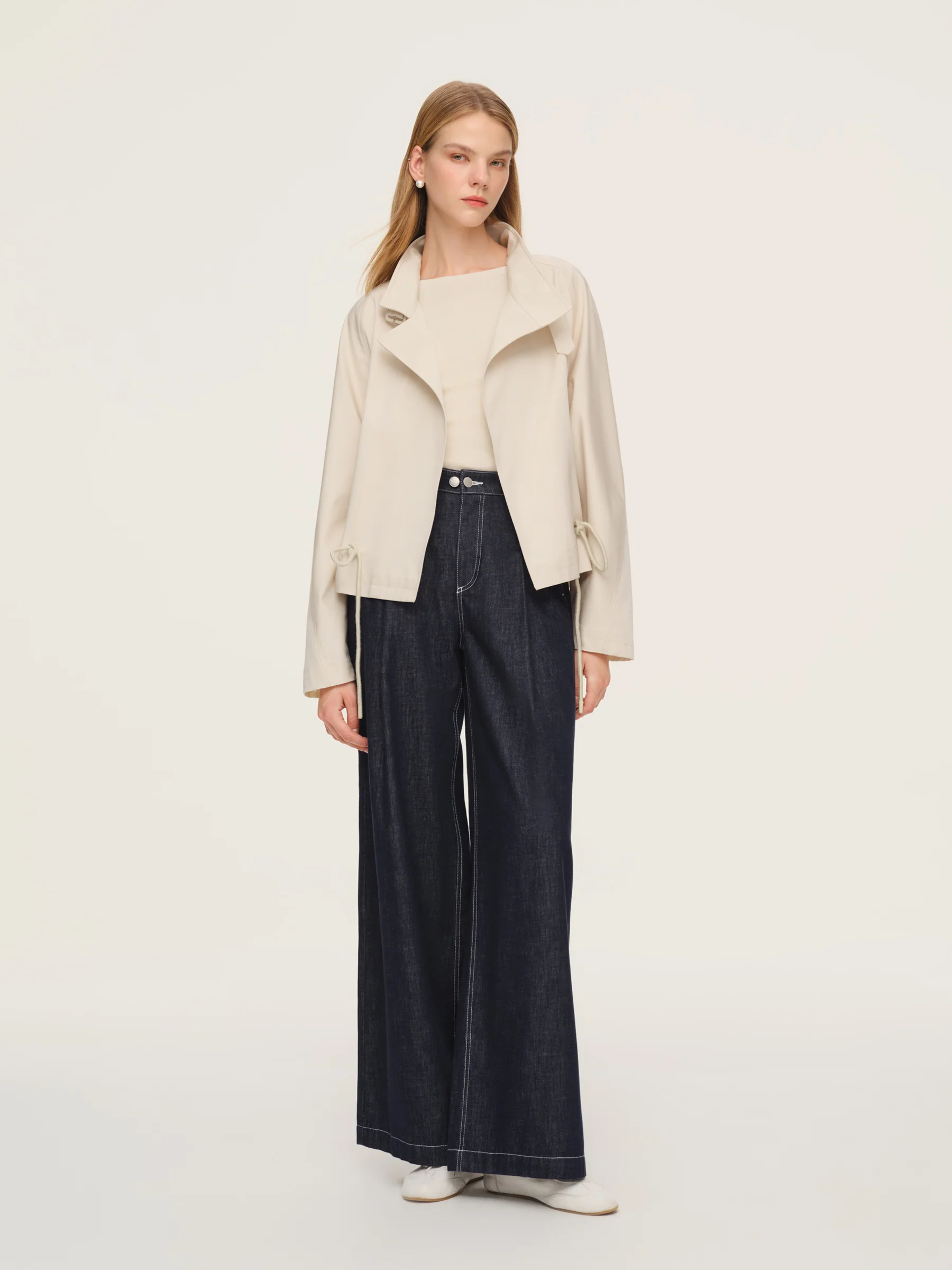 Pre-Order Tencel Blend Drawstring Hem Women Short Trench Coat - Image 2